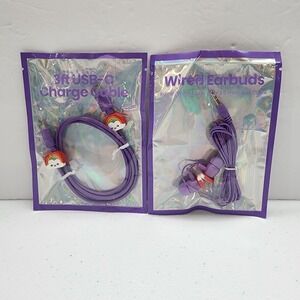 Purple Wired Earbuds 3.5 Aux Cable/ 3ft USB-C Charge Cable Rainbow Charms New